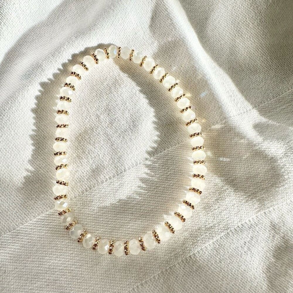 White and gold beaded stretch sparkly bracelet